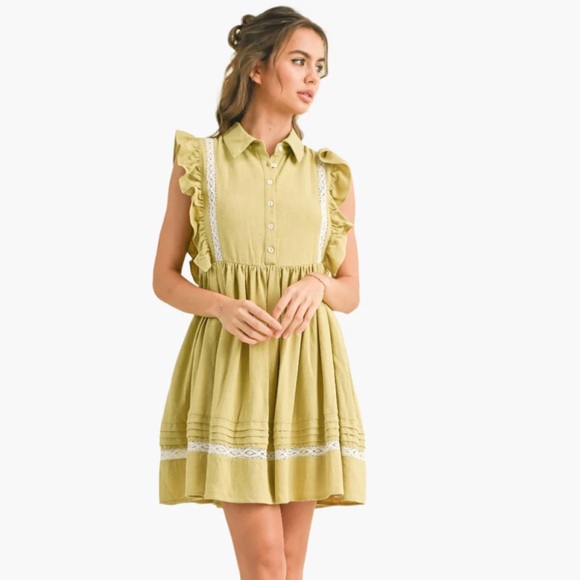 Klesis Small Chartreuse Green Ruffle Lace Mini Dress button down - Picture 2 of 10